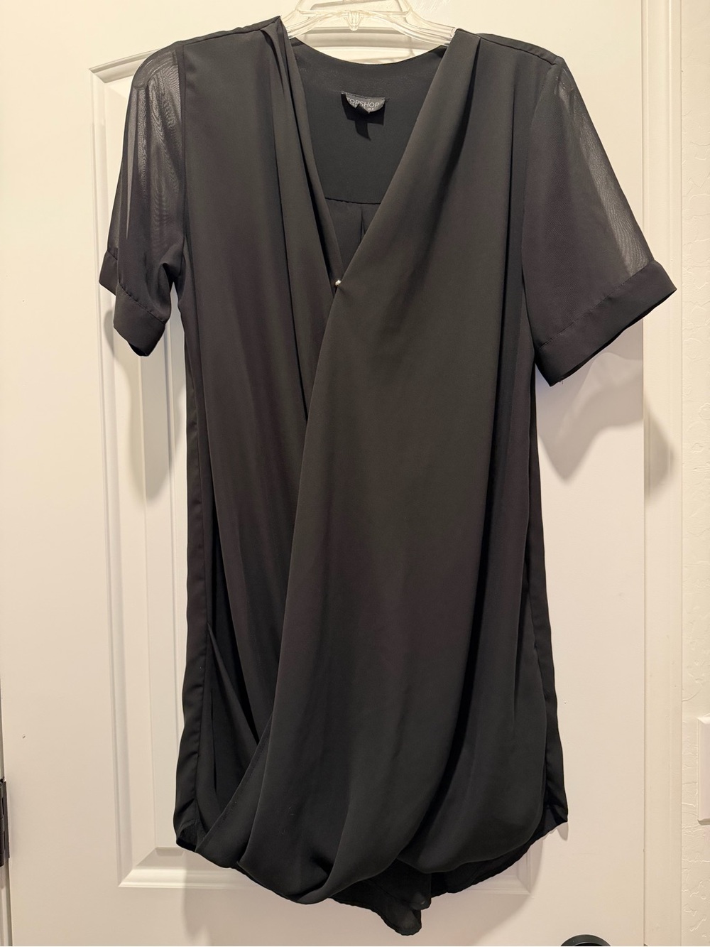 Topshop Black Drape Front Tunic Mini Dress with Sheer Sleeves Size 4